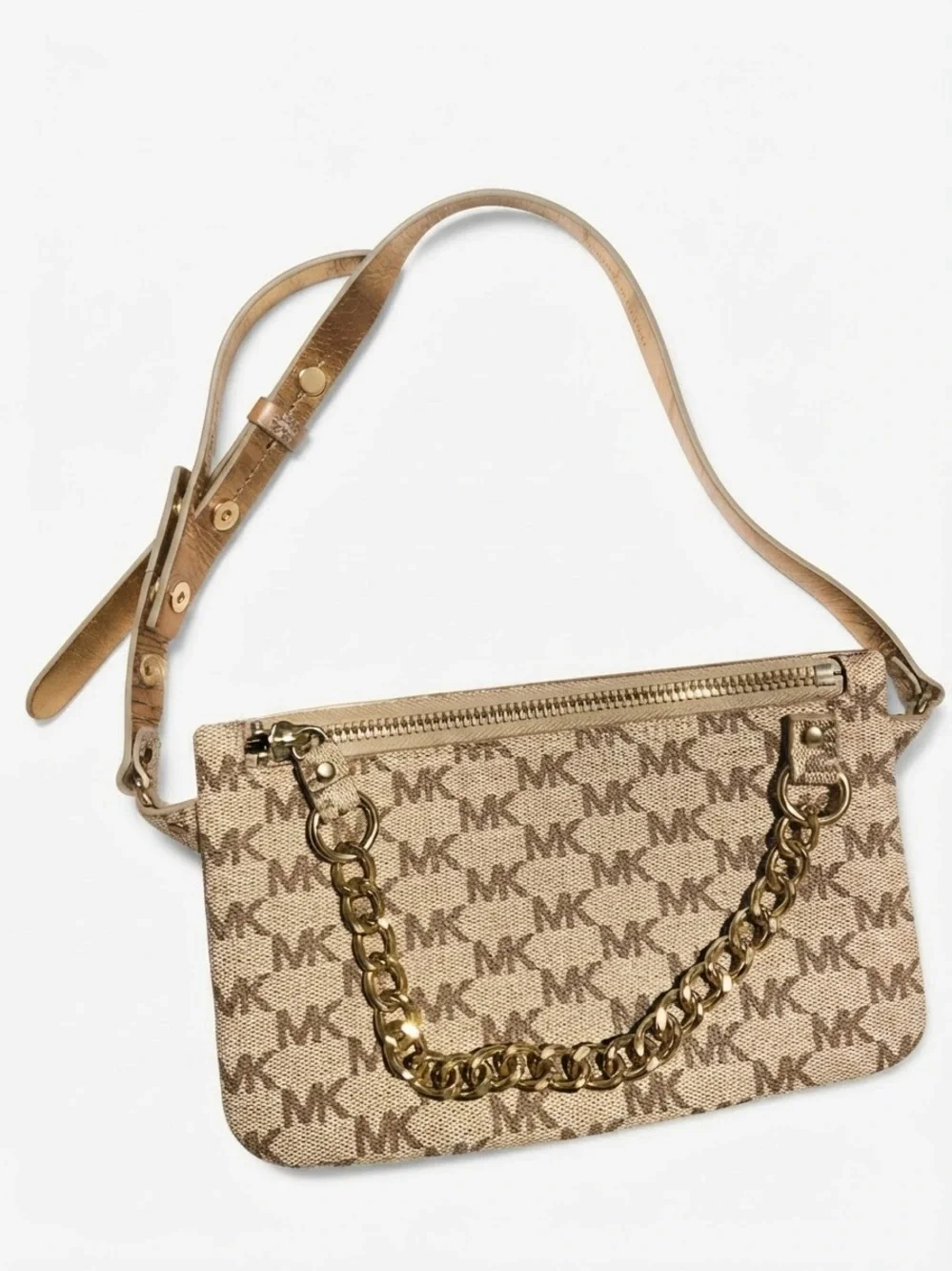 Michael Kors Beige Logo Crossbody with Gold Chain Strap